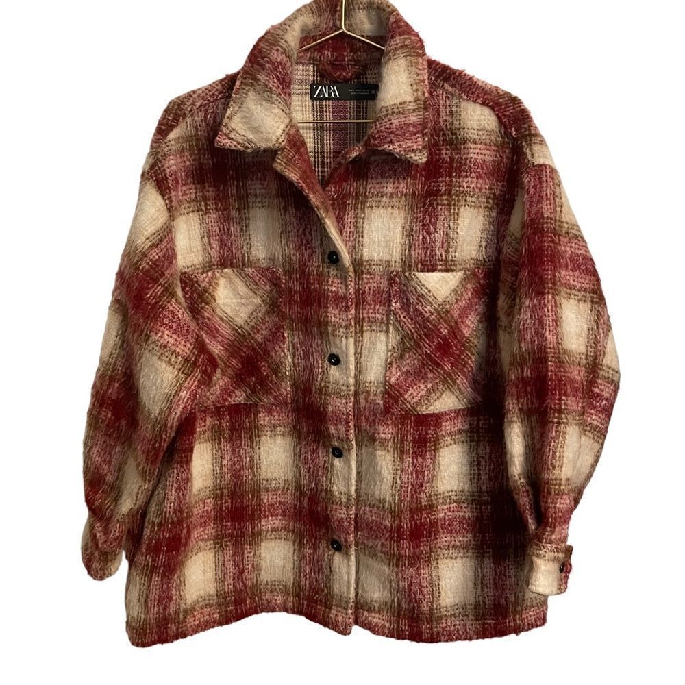 Zara Plaid Button Down Shacket Pocket Jacket Size Large